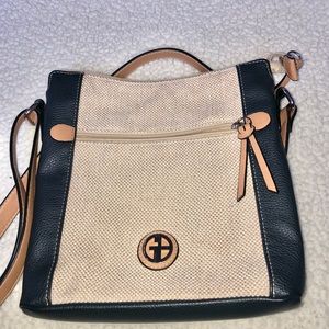 Gianni Bernini Saffiano crossbody purse. Navy Tan
